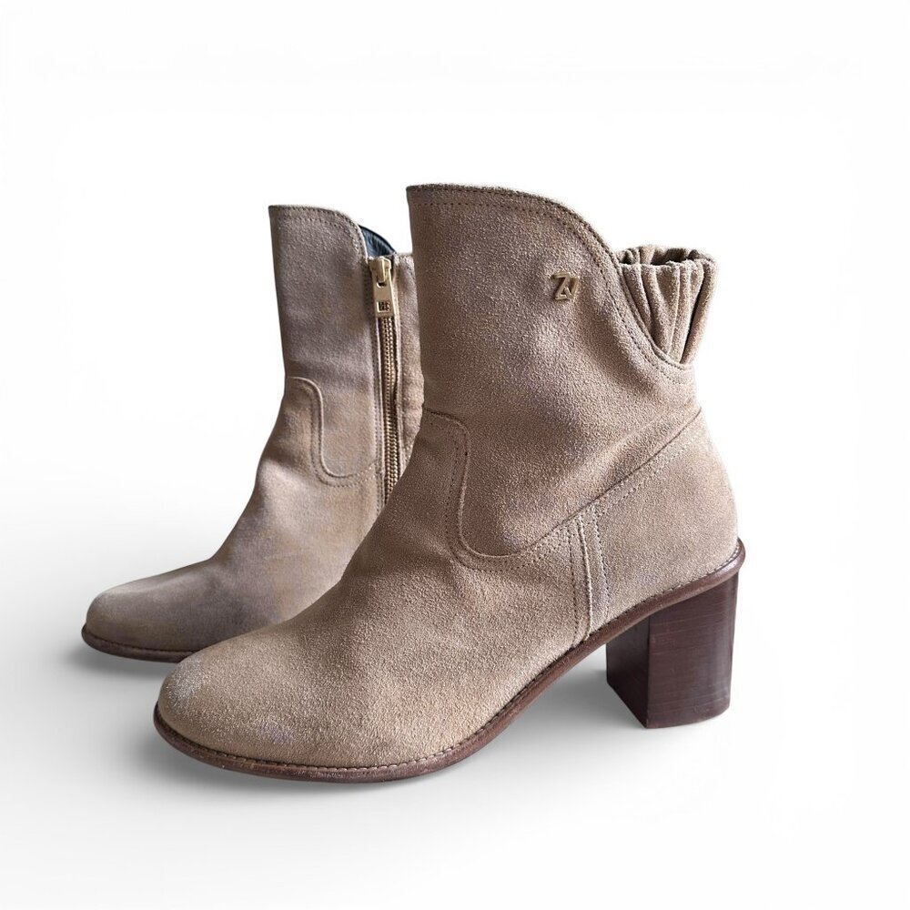 Zadig & Voltaire Lena Suede Ankle Boots Warm Beige Sand Leather Block Heel EU 41